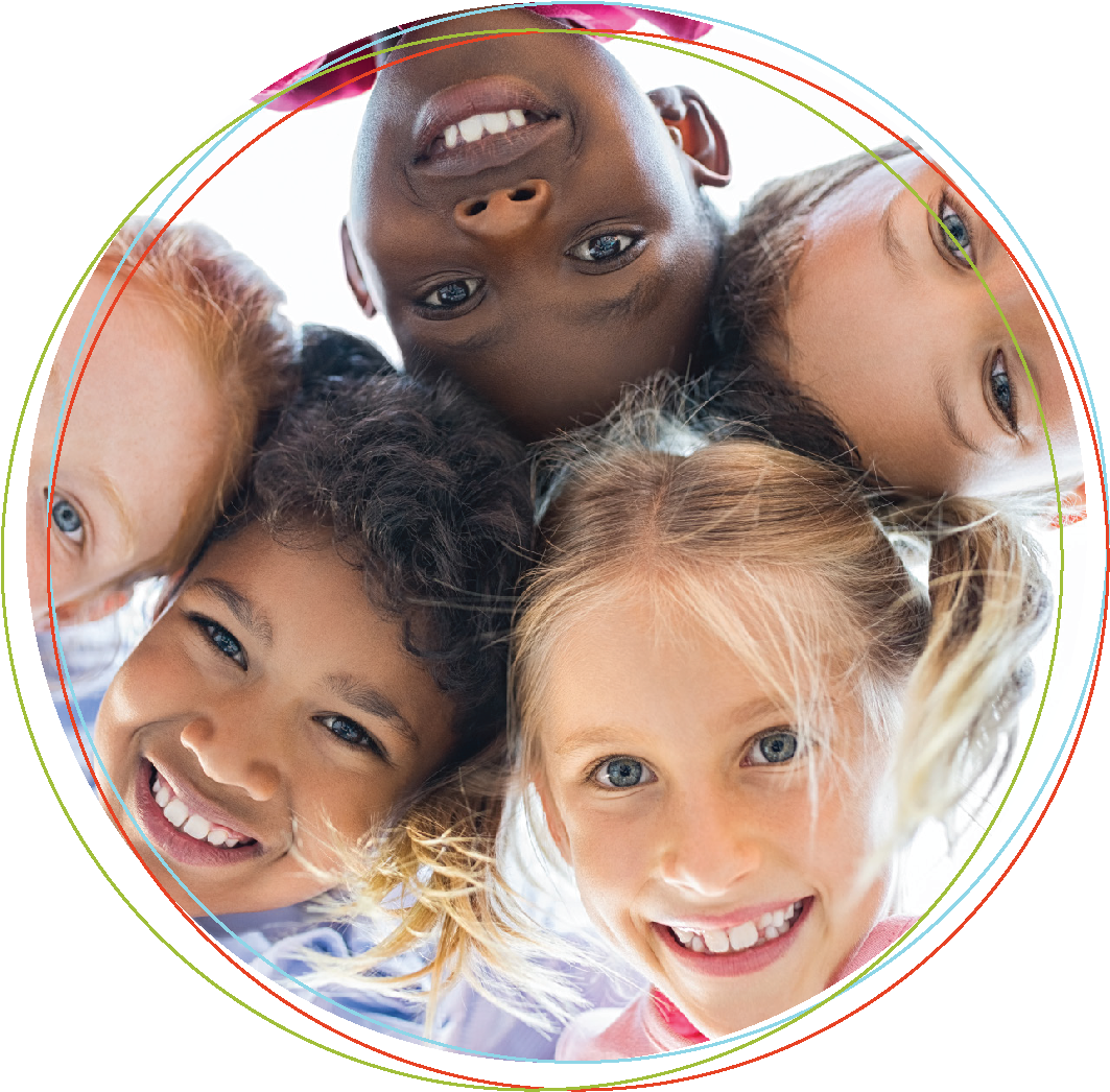 A group of multi-ethnic children all looks down into the camera, with three circles surrounding them.